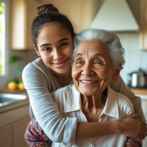 Smiling elderly Brazilian person supported by a younger person in a domestic context